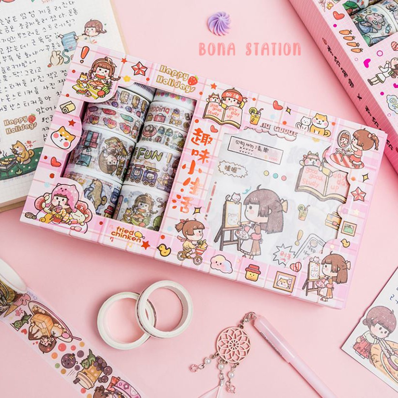 Bộ 10 cuộn washi tape và 10 tấm sticker dễ thương Cute girl's diary | BSW059
