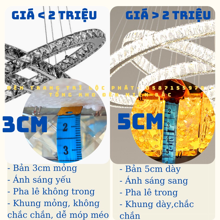 Đèn thả, đèn thả trần chùm pha lê 3 vòng bản dày 5CM trang trí phòng khách, bàn ăn sang trọng