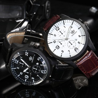Đồng hồ analog máy quartz mặt tròn dây da cho nam