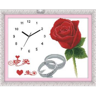 Tranh Thêu Chữ Thập Đồng Hồ Nhẫn Cưới Hoa Hồng Y8153 (KHÁCH TỰ THÊU) KT:57X45CM