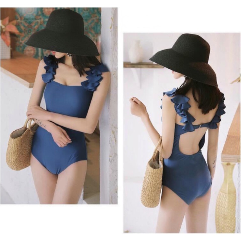 Bikini Đồ Bơi Một Mảnh Thân Liền Cánh Tiên Cực Viền Bèo Xinh Form Ôm Dáng Khóa Lưng Đen/ Xanh  Tặng Mút Lót NgựcLM033