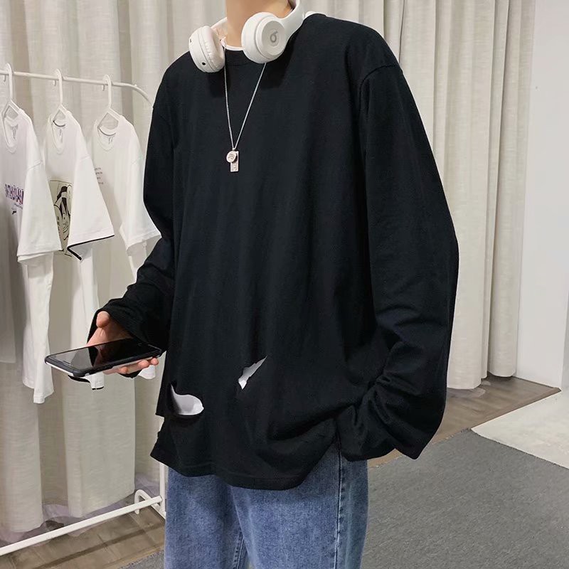 Áo thun dài tay dáng rộng rách phong cách hiphop Hàn Quốc cá tính size M-3XL | BigBuy360 - bigbuy360.vn