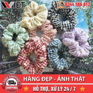 Cột tóc srcunchies vải caro hoa cúc - dây buộc tóc vải họa tiết hàn quốc dành cho nữ