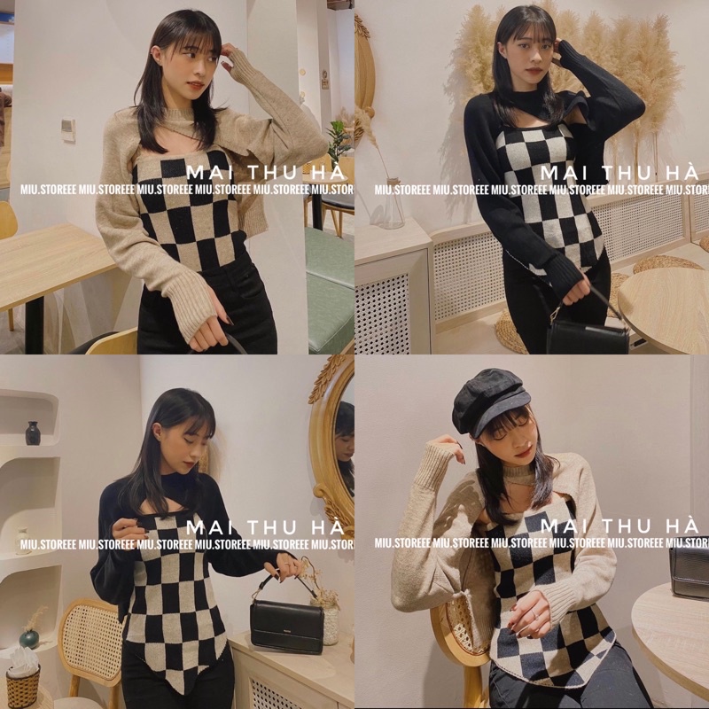 SET ÁO HAI DÂY KẺ CARO KÈM ÁO LEN CHOÀNG