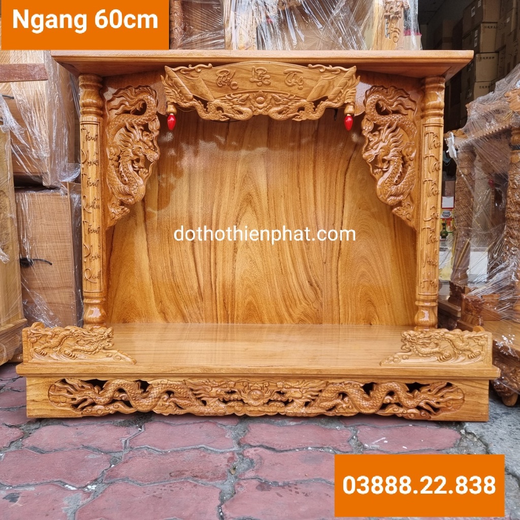 Bàn thờ treo tường có mái ngang 60cm gỗ gõ đỏ gồm bộ ke đế