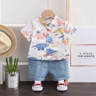 Bộ Áo Sơ Mi In Họa Tiết Khủng Long Hoạt Hình Kèm Quần Jean Ngắn Thời Trang Mùa Hè Cho Bé Trai 1 2 3 4 Tuổi