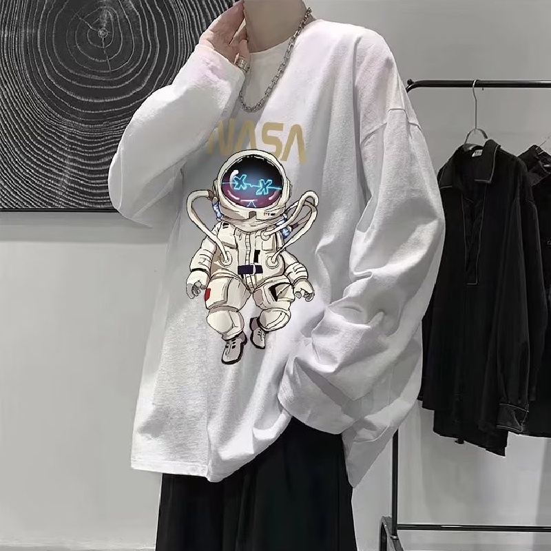 Áo Thun Tay Dài Cổ Tròn Dáng Rộng In Hình Phi Hành Gia Kiểu Hip-Hop Đường Phố Cho Nam Cỡ Lớn M-5XL
