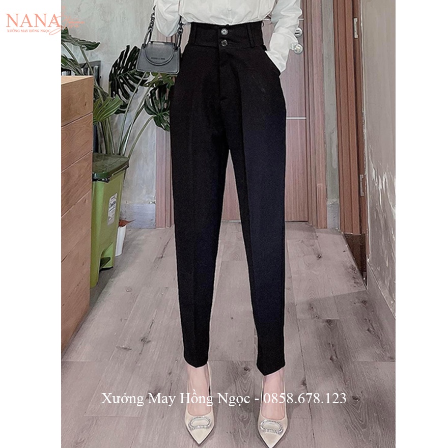 Quần baggy cạp cao bản to rộng 2 nút màu Đen dáng quần tây nữ công sở đi học lưng cao vải mềm dày co giãn nhẹ