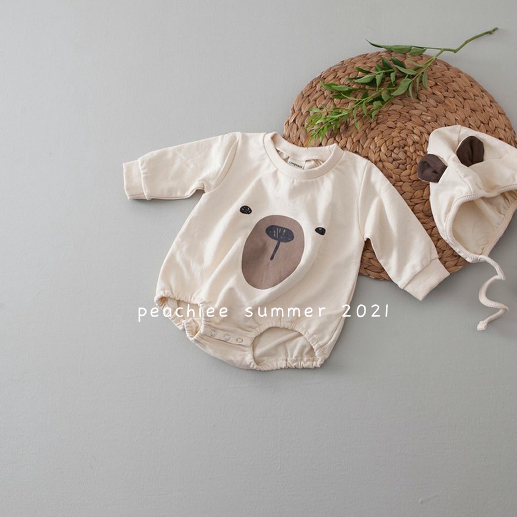 Áo liền quần tay dài vải cotton kèm mũ họa tiết gấu dành cho em bé sơ sinh 0-24 tháng tuổi