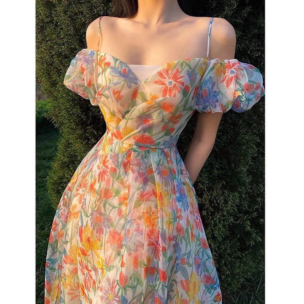 Đầm hoa dự tiệc rớt vai đan dây sống ảo váy xinh dễ thương sang chảnh phong cách XUKA DRESS