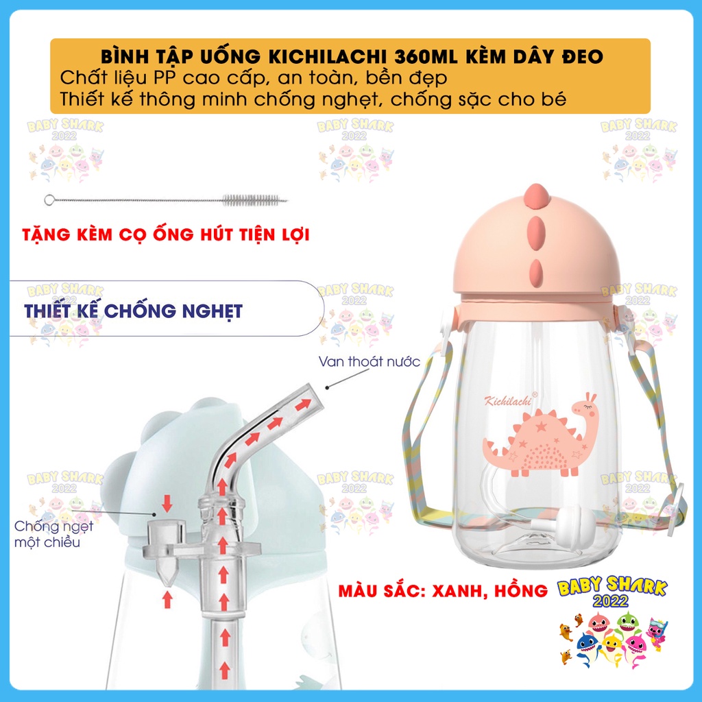 Bình tập uống nước kèm dây đeo PP Kichiachi hình khủng long cho bé