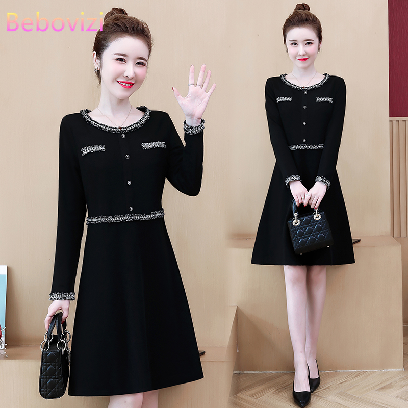 L-5XL Plus Size Women's Clothing Autumn Winter Long Sleeve Black Dress Casual Fashion Korean Midi Dresses