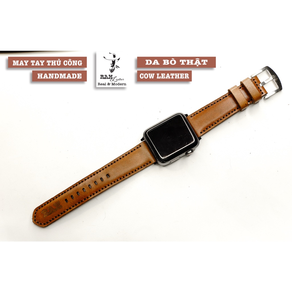 Dây apple watch da bò nâu đỏ handmade bền chắc cực đẹp RAM Leather classic 1980 - tặng khóa chốt và adapter