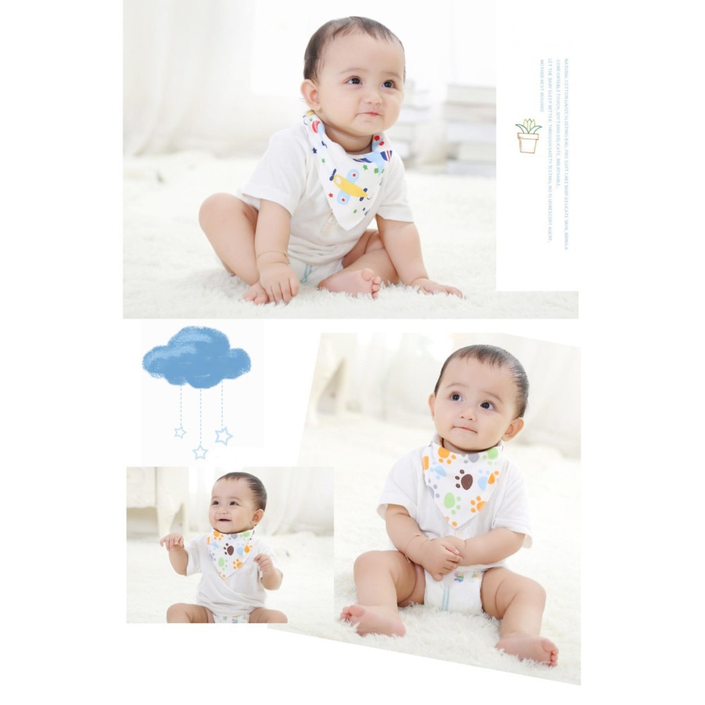 Combo 5 khăn yếm cotton hình tam giác có cúc bấm tiện lợi cho bé yêu ăn và ấm cổ