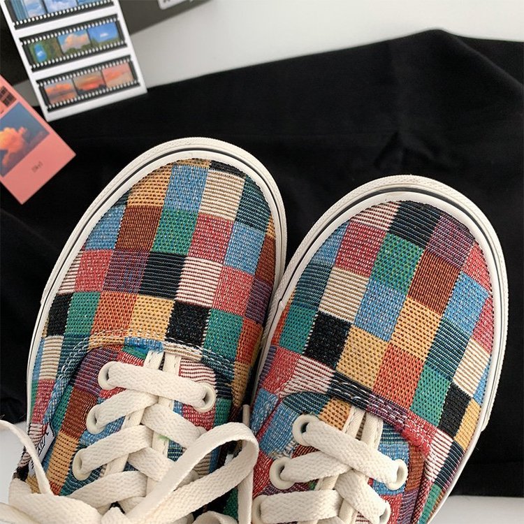 Fashion Round Head Pink Plaid Lace Up Canvas Shoes