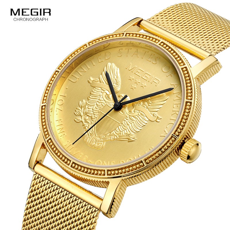 Đồng hồ thạch anh Megir2032 mặt tròn phối dây bằng thép không gỉ xi mạ vàng thời trang cho nam