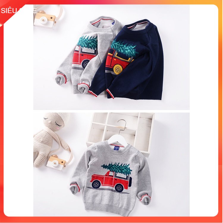 Áo len trẻ em bé trai xuất Hàn 2-7 tuổi 2 lớp hình oto chở cây thông, Áo ấm cho bé không bai xù kiểu