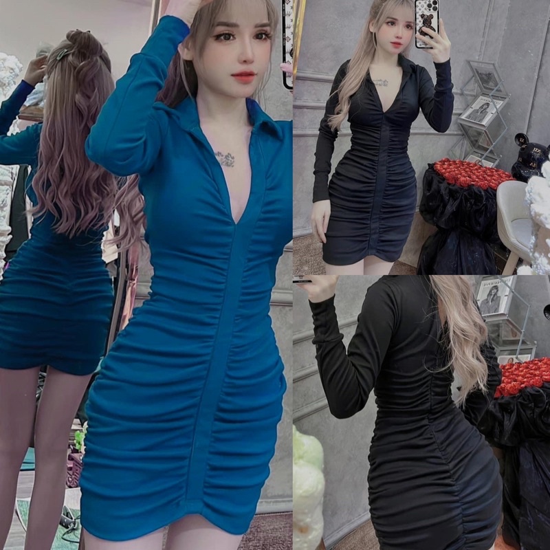 Đầm sơ mi nẹp nhún