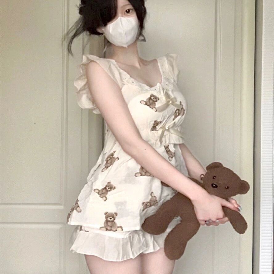 Bộ Đồ Ngủ Hai Dây Mềm Mại In Họa Tiết Gấu Nhật Bản Dễ Thương Thời Trang Mùa Hè Cho Nữ