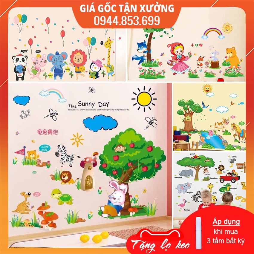 Tranh dán tường cho bé, đề can dán tường cho bé trai bé gái học các con vật tiếng anh, hình dán sticker thú