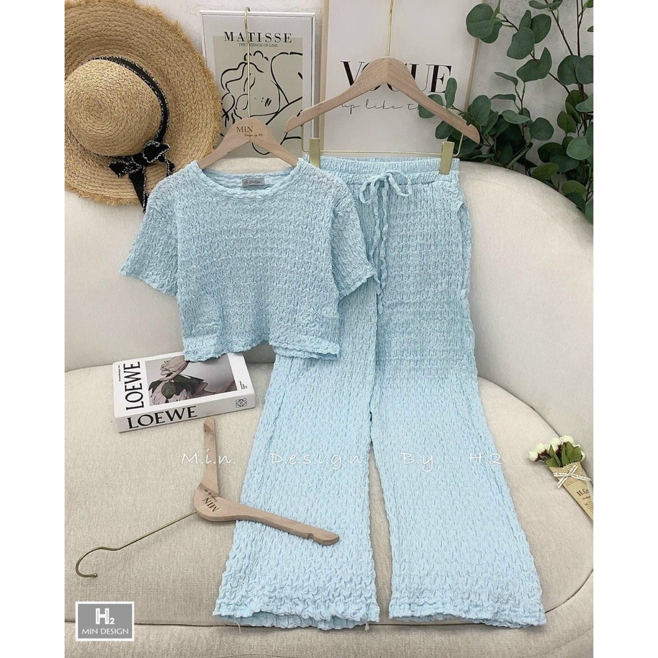 [8.8 Sales Freeship] Set bộ thun xốp trơn màu quần dài, bộ xốp áo croptop quần suông, bộ dài đi chơi dễ thương