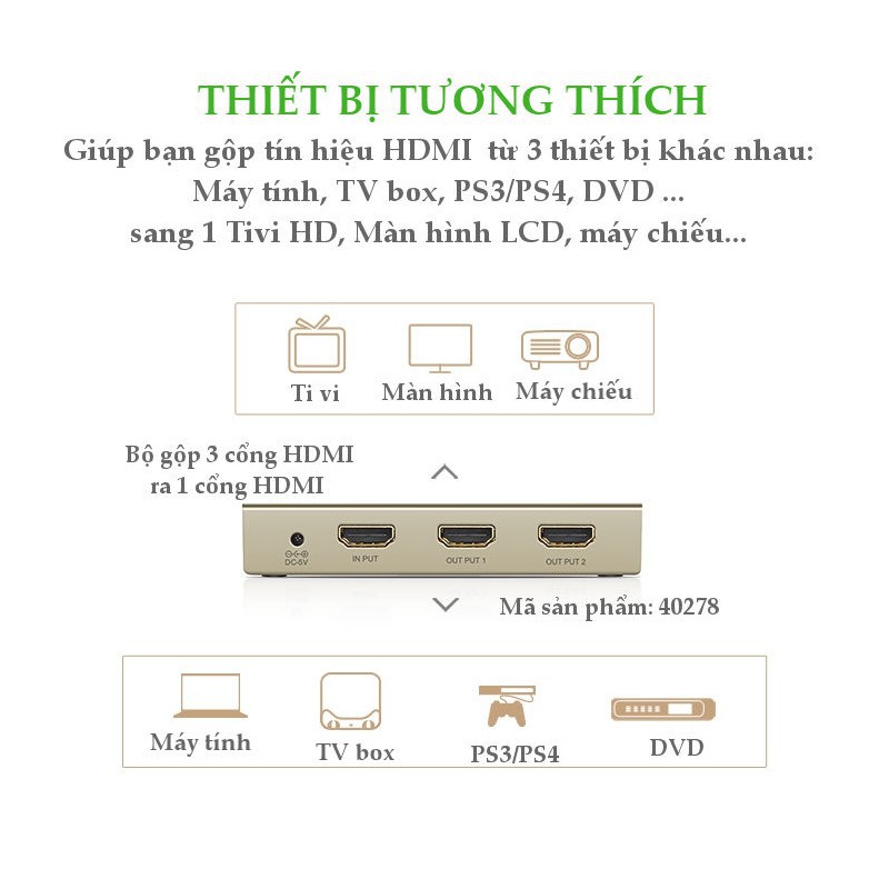 Bộ gộp HDMI 3 vào 1 ra cao cấp hỗ trợ 3D 4K chính hãng Ugreen 40278