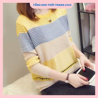Áo len nữ phối màu dịu dàng, áo len mỏng chất len lưới tay dài hàng đẹp loại 1