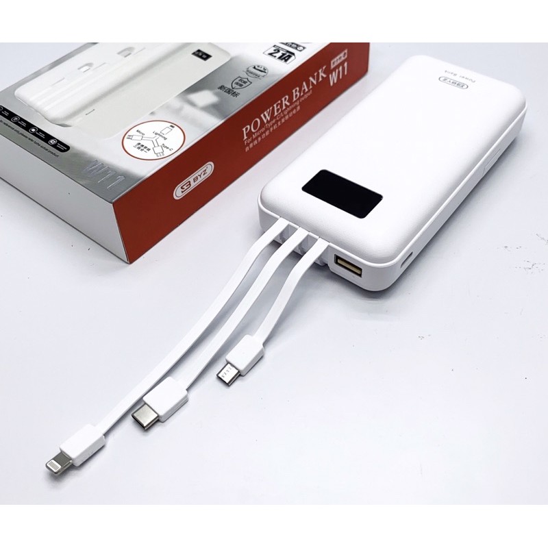 (20.000mah BH 6 THÁNG) Pin sạc dự phòng byz w11 chính hãng dung lượng 20.000mah, 3 dây sạc micro usb,type c,lightning