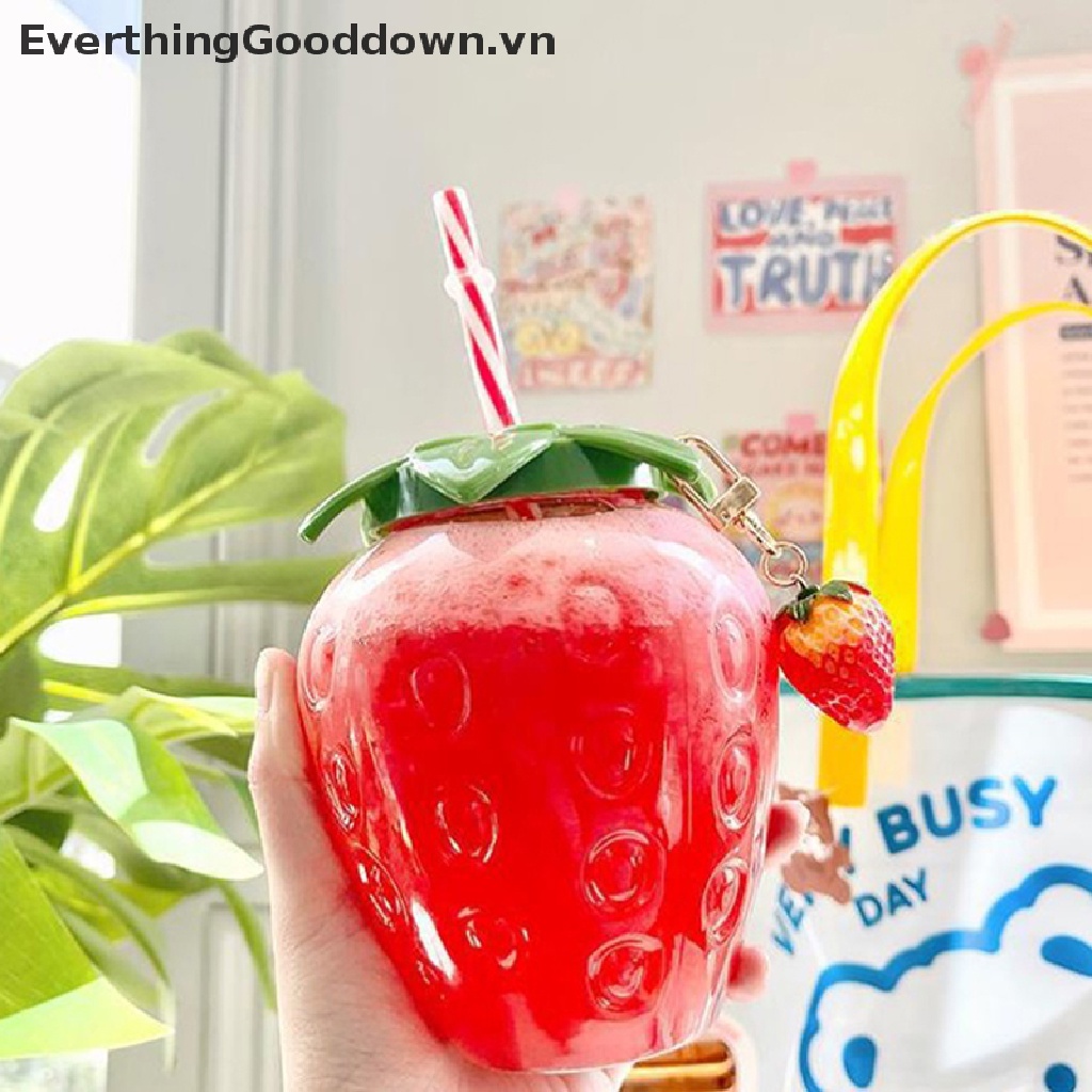 Everthinggooddown Bình Uống Nước 500ml Có Ống Hút Hình Trái Dâu Dễ Thương