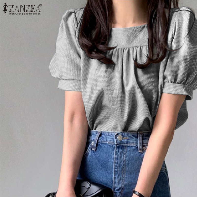 Áo kiểu ZANZEA tay phồng cổ vuông in họa tiết caro phong cách Hàn Quốc thời trang cho nữ