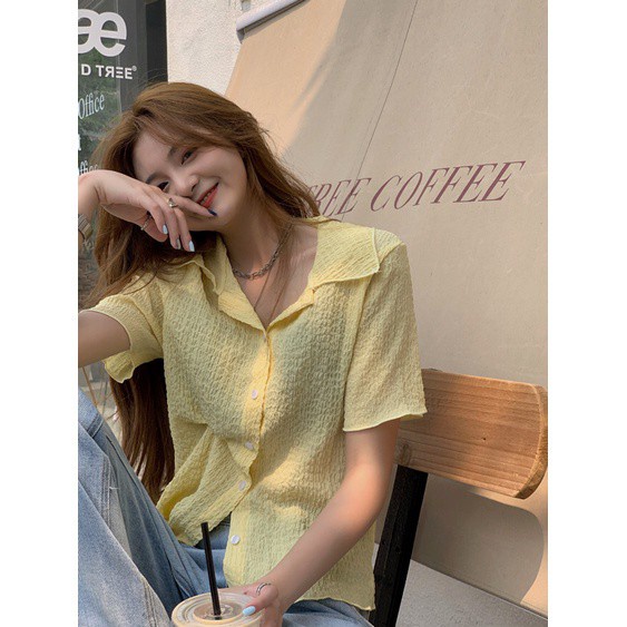 SUXI Áo sơ mi nhún nếp tay ngắn phong cách Hàn Quốc vintage thời trang cho nữ