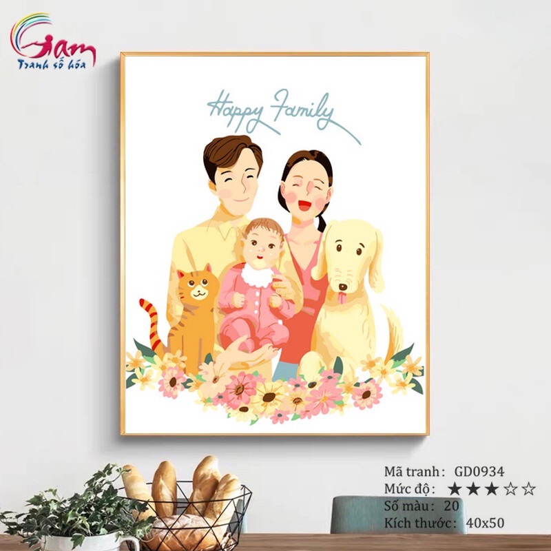 Tranh tô màu số hóa Gam Tranh gia đình hạnh phúc cute đơn giản dễ vẽ GD0934 Happy family