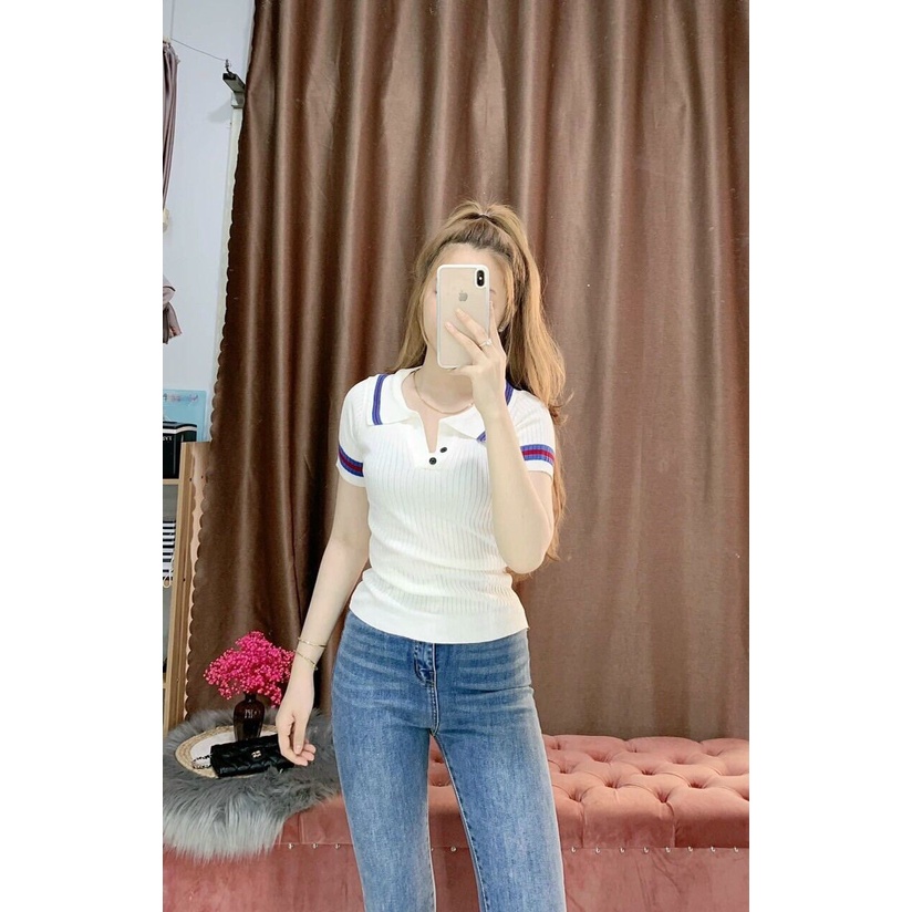 ÁO KIỂU THUN NỮ CỔ TRỤ PHối viền chất gân tăm siêu hót. 40-55kg vừa