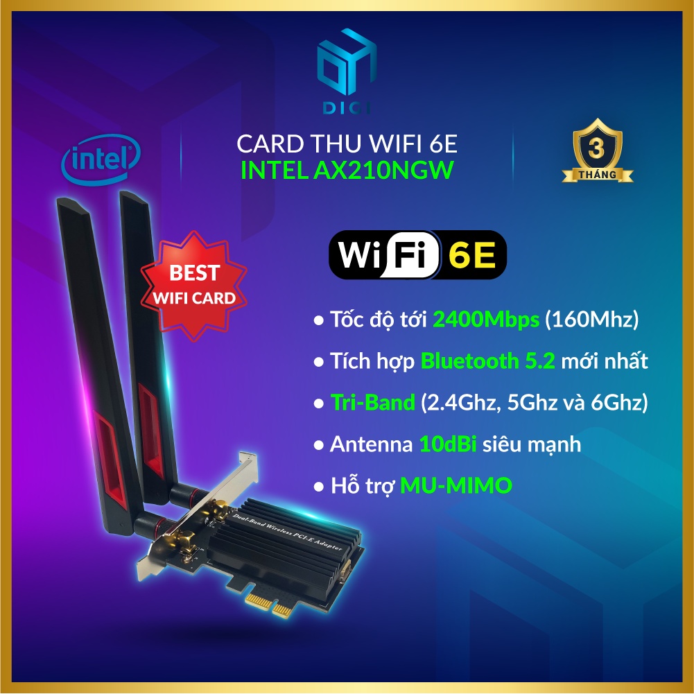 Card Thu WiFi 6E Intel AX210 [Tri-Band 2.4/5/6Ghz ▪ 2400Mbps ▪ Bluetooth 5.2]