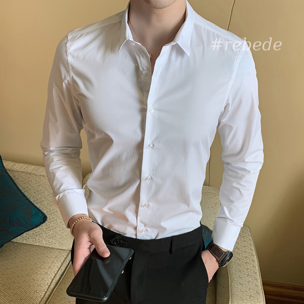 Áo sơ mi trắng nam cổ bẻ tay dài, Vải sơ mi lụa đẹp co giãn nhẹ kiểu trơn basic Rebede Shop - SML