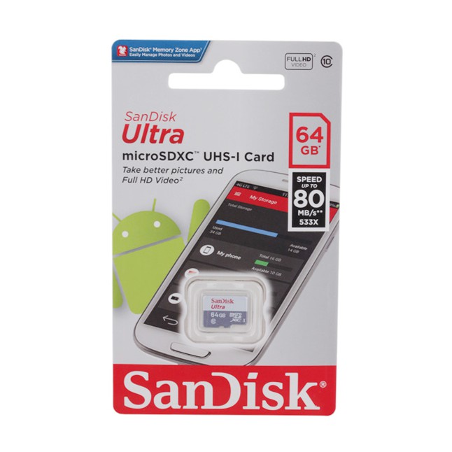 Thẻ nhớ micro SDXC Sandisk 64GB upto 80MB/s 533X Ultra UHS-I tặng đèn LED USB