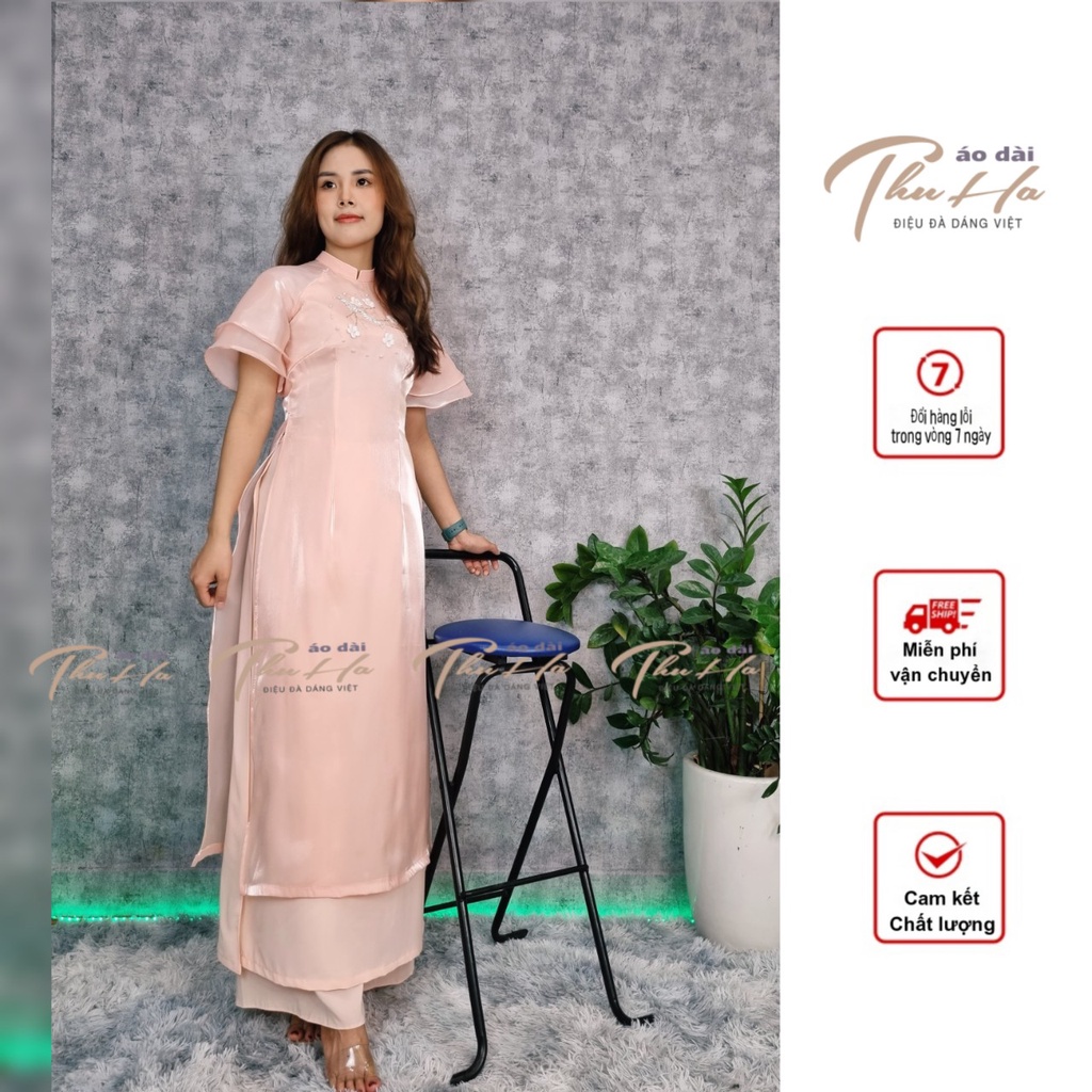 Áo Dài Cách Tân , Tay Bèo Cánh Tiên , Đính Hoa Mộc Nhiên , Màu Hồng , Chất Lụa Tơ Cao Cấp , Mặc Lên Ôm Phom Rất Đẹp ĐT02