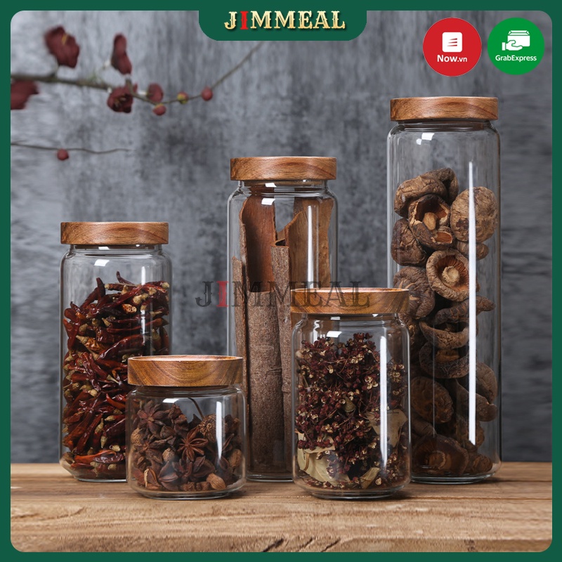 Hũ Thủy Tinh Nắp Gỗ Đục Lỗ, Lọ Thủy Tinh, Hộp Thủy Tinh Nắp Gỗ Jimmeal Cao Cấp 280Ml ~ 1600Ml