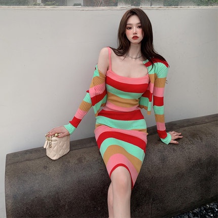 Bộ đầm 2 dây và áo khoác cardigan dệt kim thời trang dành nữ