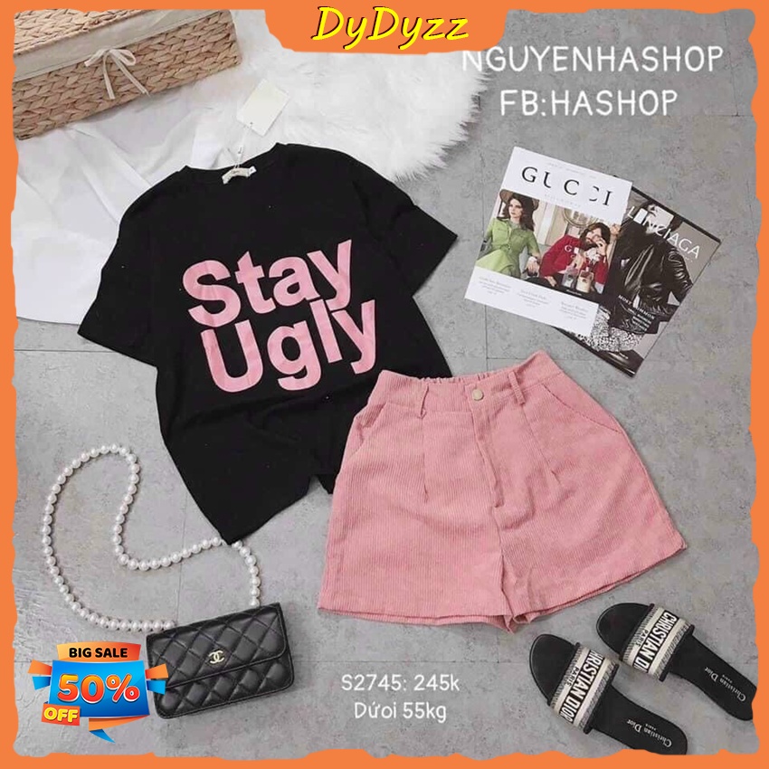[Sales FreeShip] Set Bộ Áo Cotton In Chữ Stay Kèm Quần Xinh Xắn Cho Chị Em Phụ Nữ Năm 2022