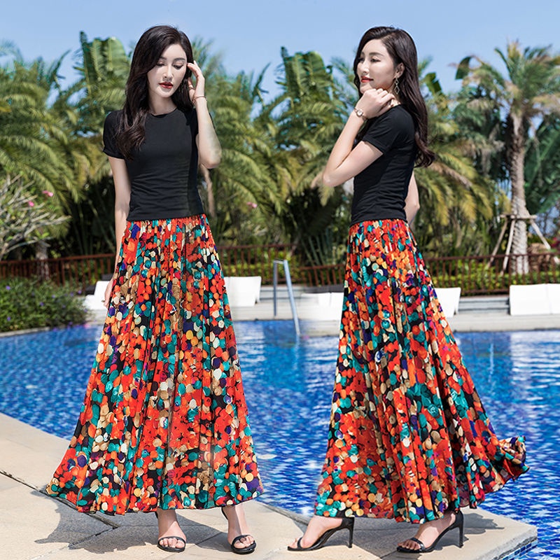 Chân Váy Chiffon Dài Qua Gối Dáng Chữ A In Họa Tiết Hoa Thời Trang Mùa Hè Hàng Mới Kích Thước Lớn Dành Cho Nữ 2022