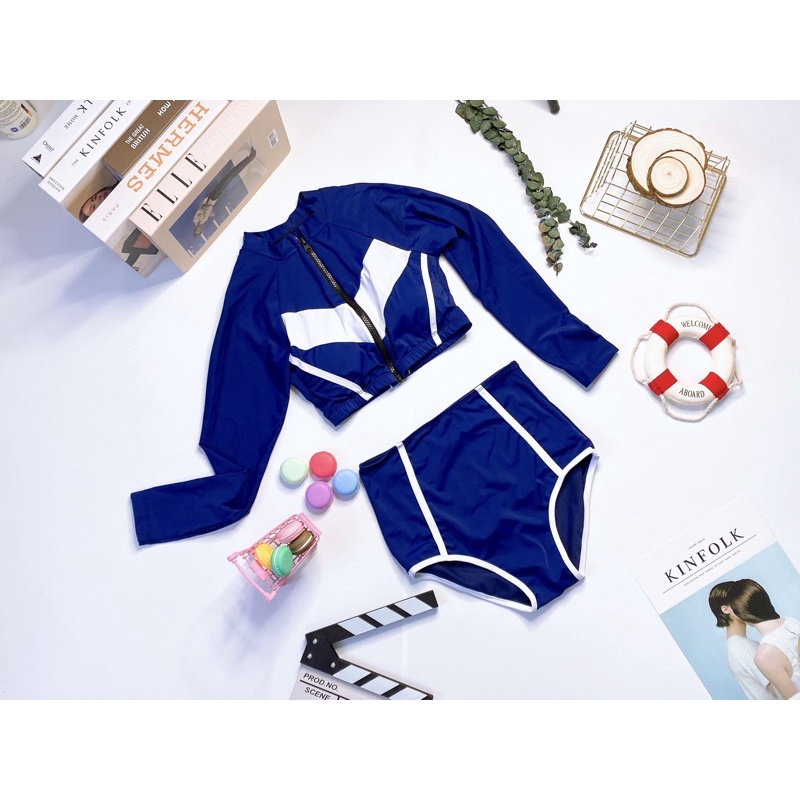 Bikini đồ bơi tay dài áo croptop kéo khoá xanh viền trắng quần cạp cao tôn dáng | BigBuy360 - bigbuy360.vn