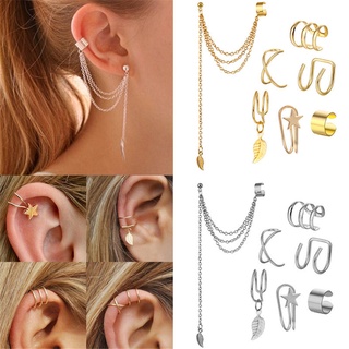 Set 7 khuyên vành tai không cần xỏ lỗ phối tua rua hình chiếc lá bằng kim loại dành cho nữ
