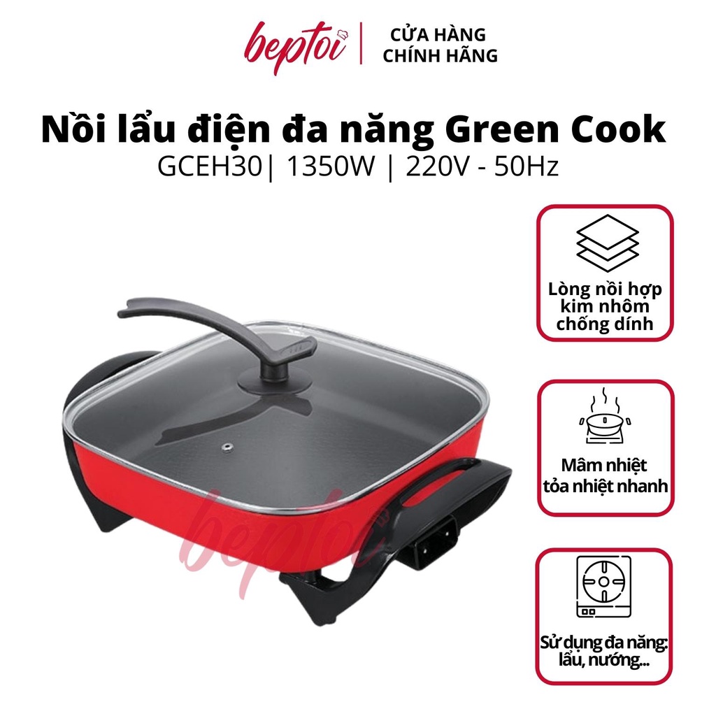 Nồi lẩu điện đa năng, bếp lẩu nướng mini dung tích 5 Lít công suất 1350W Green Cook GCEH30
