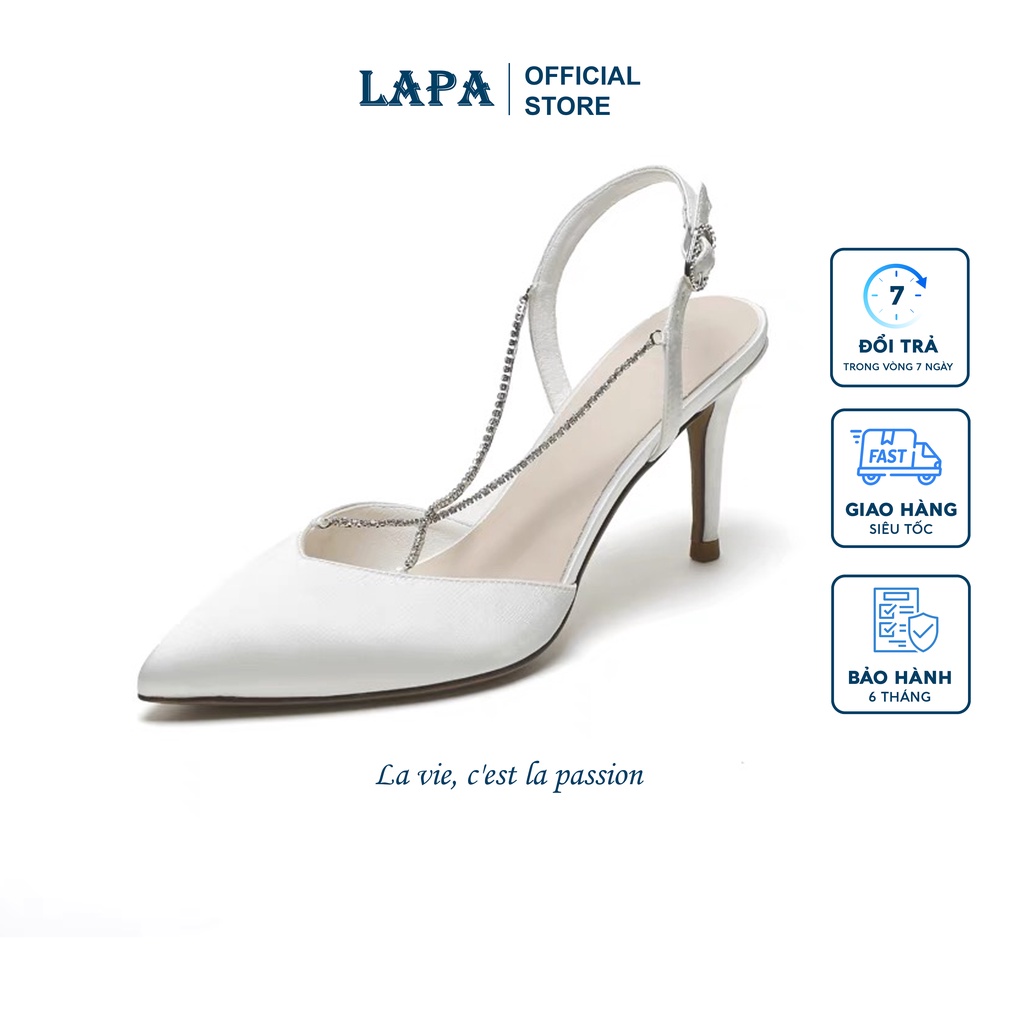 Giày Cao Gót 7 Phân Mũi Nhọn Dáng Slingback Khuyết Eo Kèm Dây Xích Điệu Đà Màu Trắng Tinh Khôi LAPA - LP024