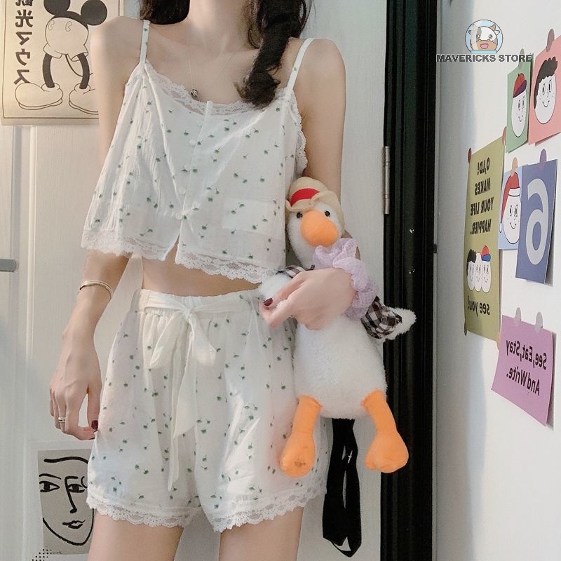 Bộ đồ ngủ hai dây họa tiết hoa thời trang mùa hè cho nữ