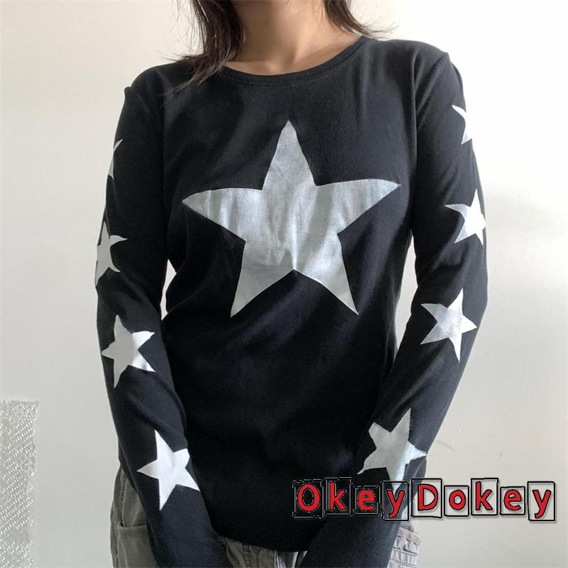 Áo Thun Nữ Tay Dài Cổ Tròn In Hình Ngôi Sao Phong Cách Vintage Thời Trang OKDK-y2k