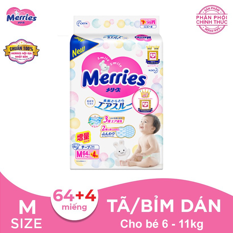 [CÓ SẴN HCM] Tã/bỉm dán Merries size M - 64 + 4 miếng (Cho bé 6 - 11kg)