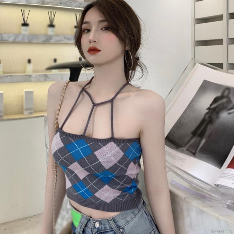 Áo Hai Dây Dệt Kim Hoạ Tiết Hình Thoi Cho Nữ