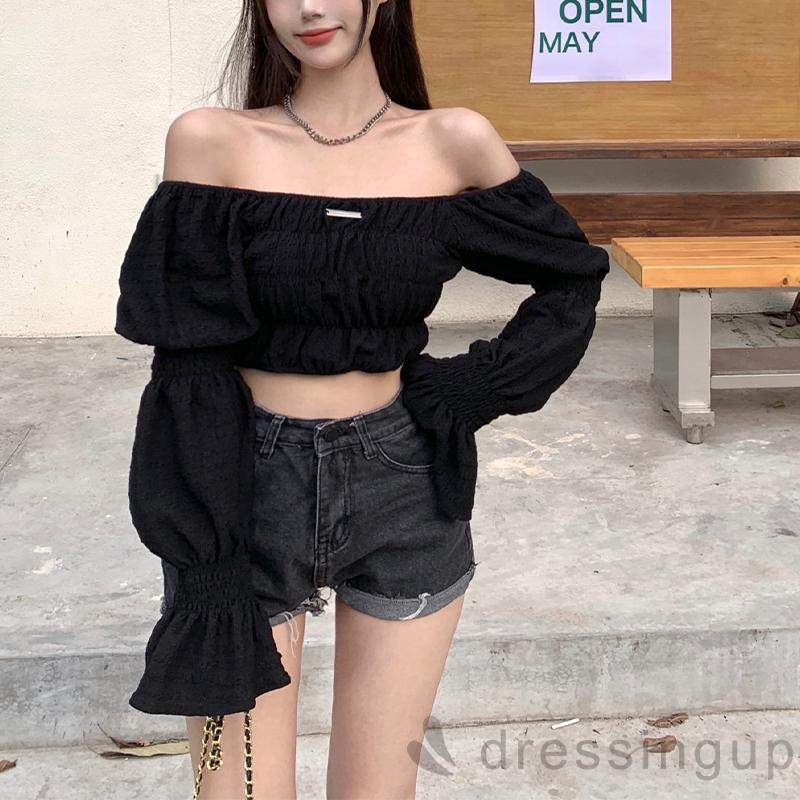 Áo thun trễ vai tay phồng dài màu trơn hở lưng thời trang cho nữ